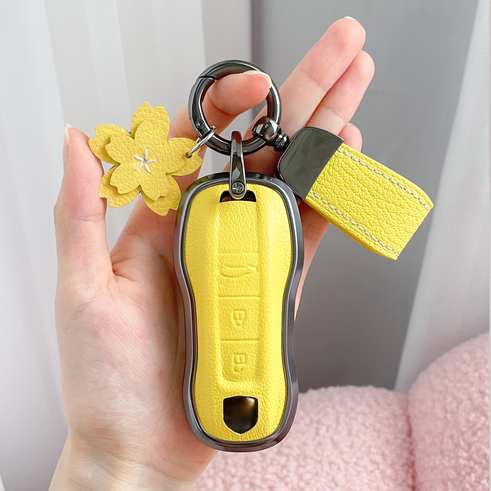 Suitable For Porsche Taycan Panamera Macan Cayenne 718 911 Aluminium Alloy+YellowLeather Car Remote Key Case Cover Three Buttons