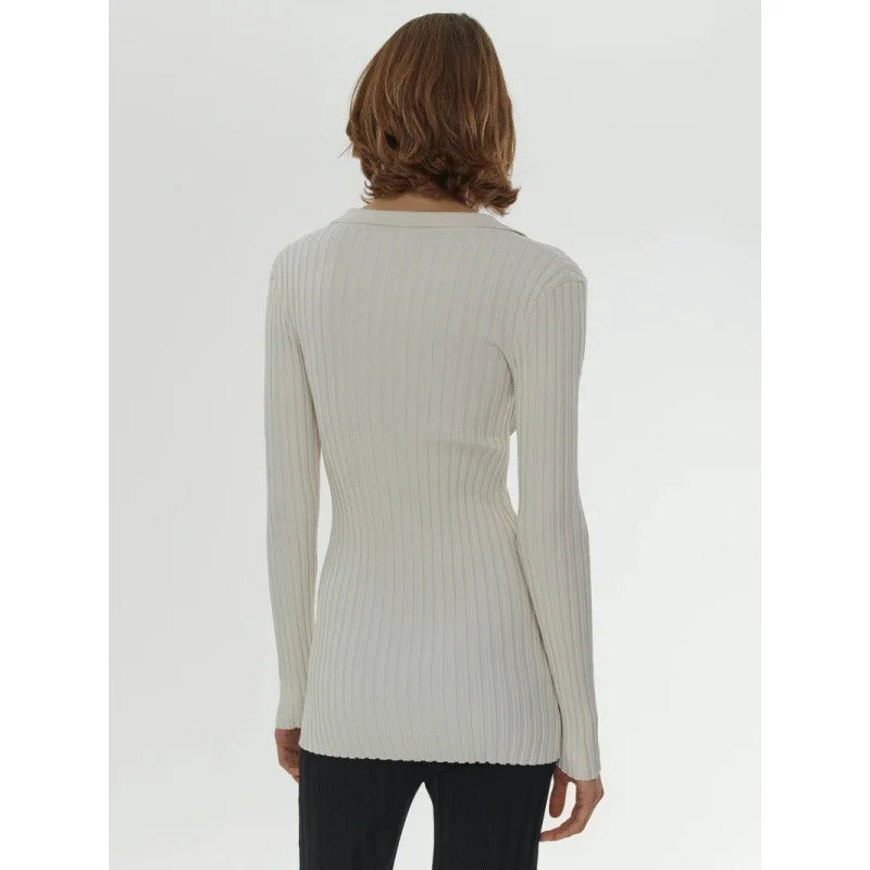 Maxdutti French Minimalist Lapel V-neck Slit Slim Knit Sweater For Commuting T-shirt Woman Clothes Female Clothing Base Top 2026
