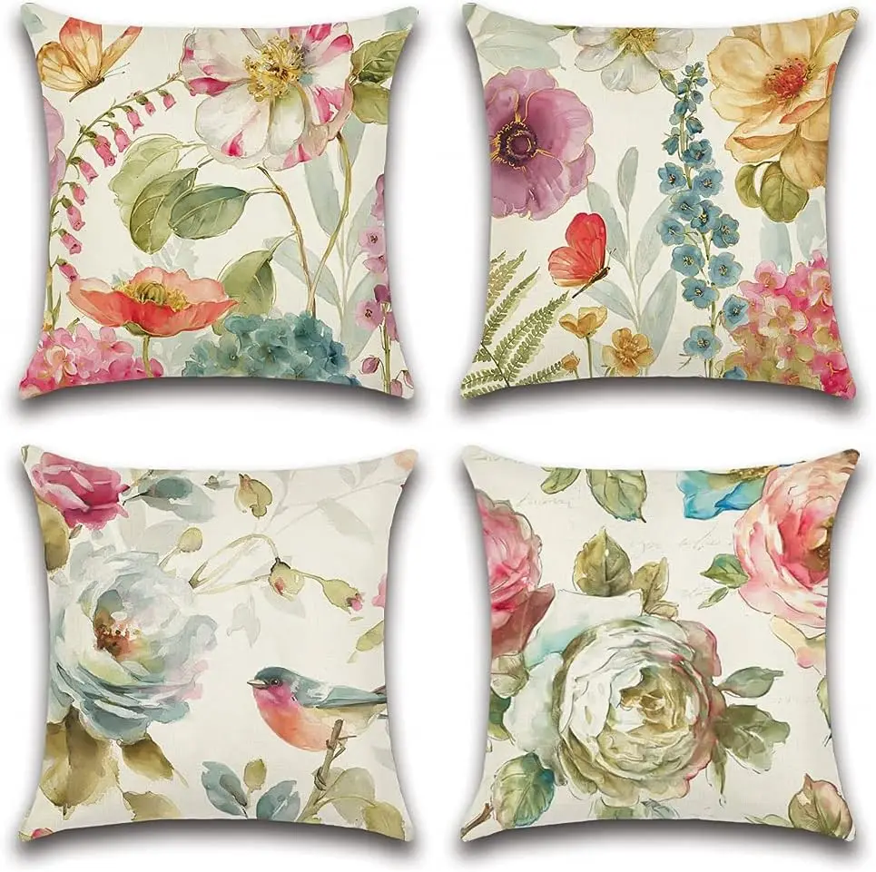 Floral Bird Pillow Covers – Watercolor Garden Art 4-Pack Cushion Covers for Outdoor, Patio, Sofa, Living Room Décor