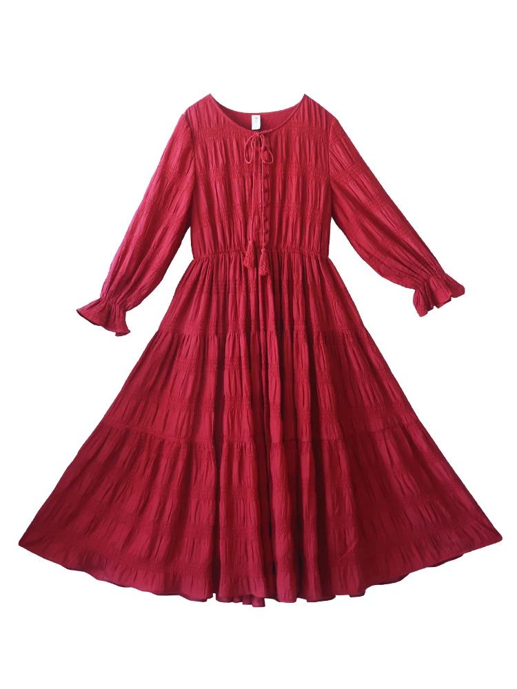 TIYIHAILEY Jesień Wiosna Damska Czerwona Sukienka Z Podszewką Długi Rękaw Maxi Damska Rozmiar S-L Vintage Wysoki Stan Biały Szeroki Dół 2025