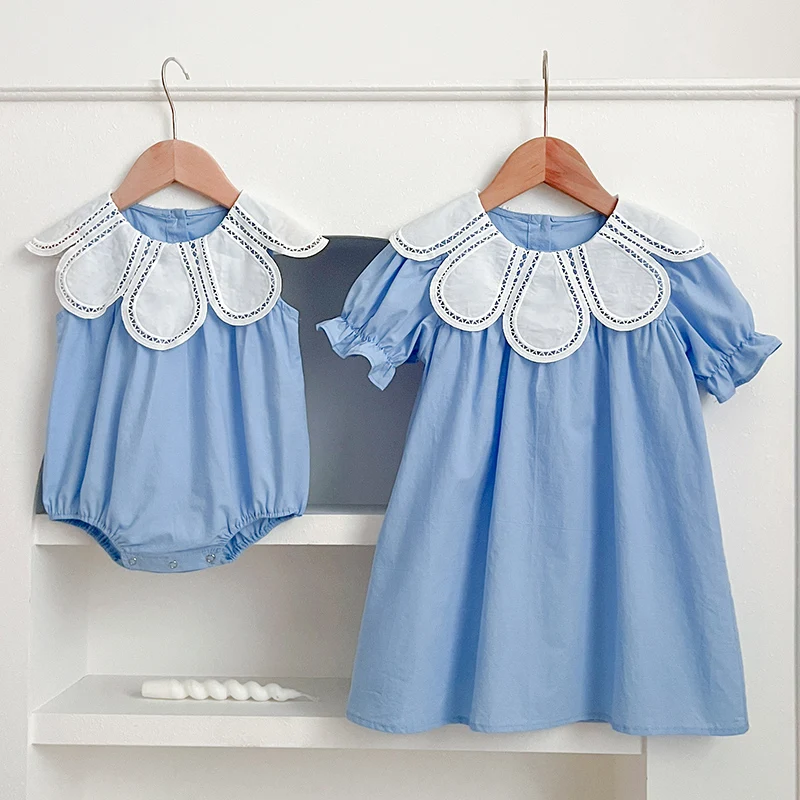 Infant Sisters Dress Summer Kids Princess Dresses Short Sleeved Cotton Solid Color Splicing Baby Romper Baby Girl Party Dress