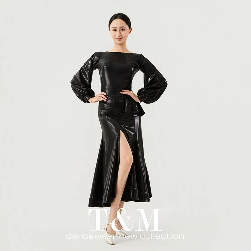 2026 Ballroom Dance Performance Costume Long Sleeves Bodysuit Long Skirt Glossy Black Waltz Dance Wear Competition Dress BL18940