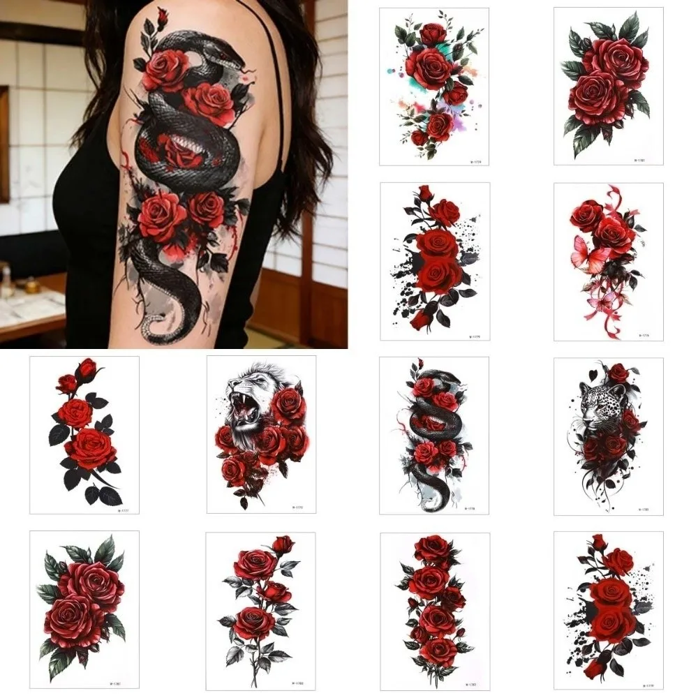 Green Leaf Flower Temporary Tattoo Stickers Leopard Lion Snake 3D Texture Lion Snake Tattoo Stickers Personalized Long Lasting