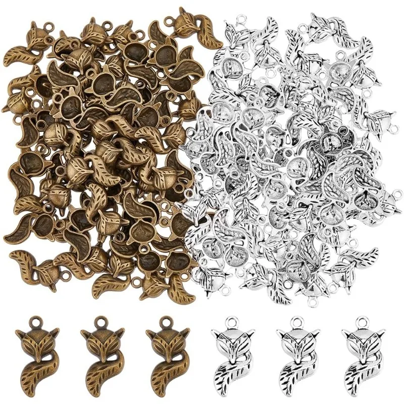 

120Pcs 2 Colors Cute Animal Charms Fox Charms Alloy Pendant Bulk Protection Lucky Charms Antique Bronze Silver Tibetan Style