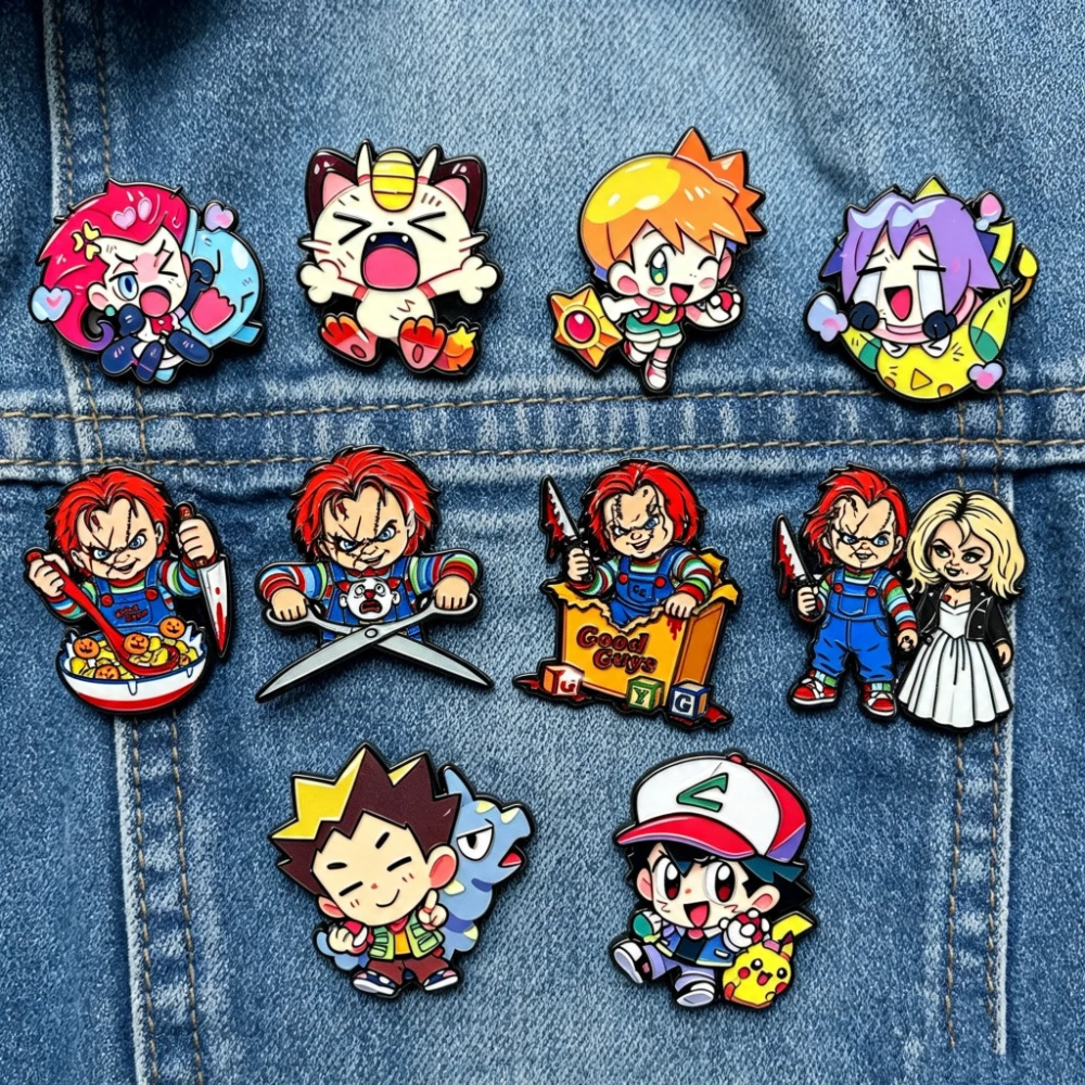 10Pcs Cute & Horror Cartoon Enamel Lapel Pins, Colorful Metal Brooches, Halloween Party Accessory Gifts for Backpacks