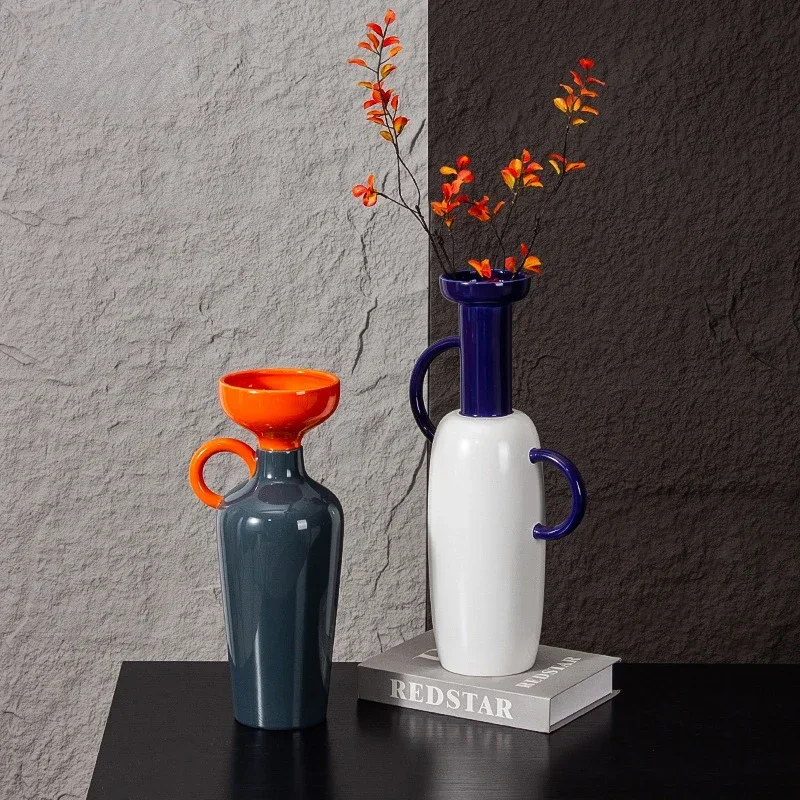 Ceramic Vase Colored Geometric Semicircle Handle Flower Vase Ceramic Handicraft Arrange Flowers Home Decoration Accessories