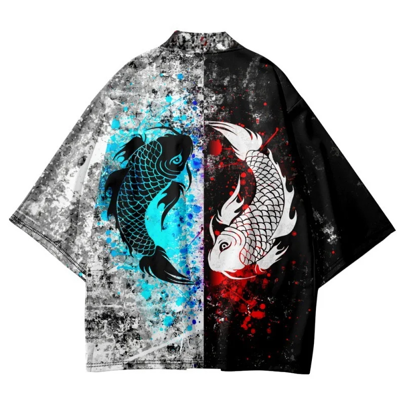 Japanese Carp Patchwork Kimono Cardigan Women - Traditional Haori Jacket Open Front Loose Fit Casual Streetwear Spring Outwear