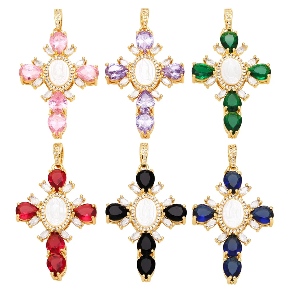 OCESRIO Big Crystal Virgin Mary Cross Pendant For Necklace Copper Gold Plated Crucifix Jewelry Making Supplies Pdtb385