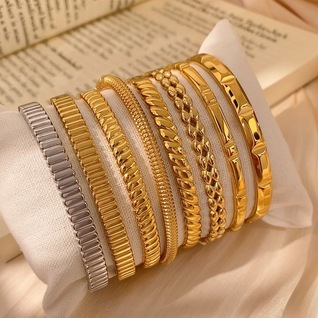 New Fashion Gold Plated Minimalist Stackable Bangle Products Texture Geometric Stainless Steel Bracelet for Women Girl Gift