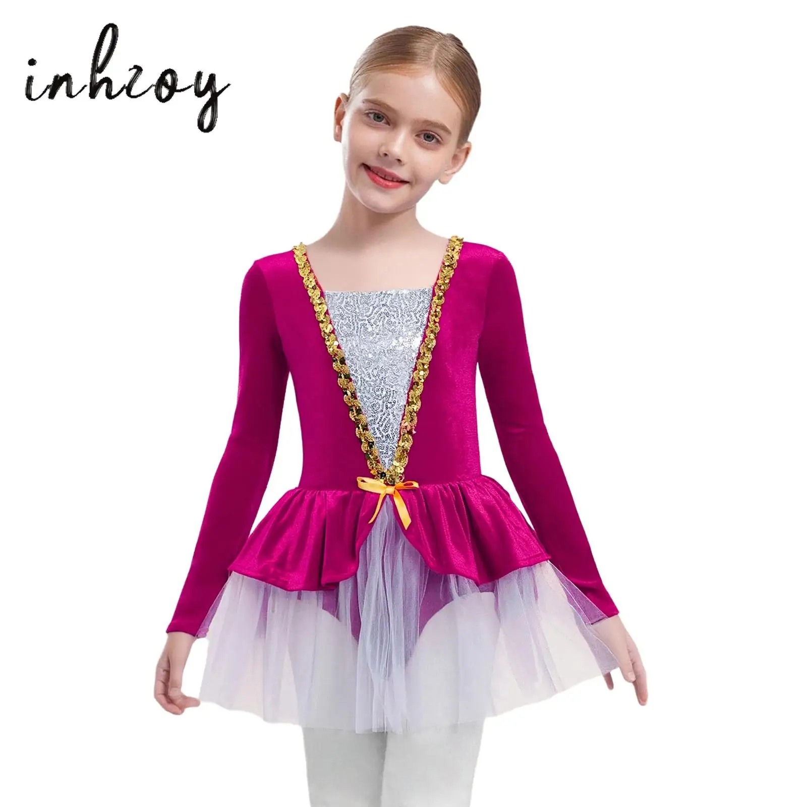 

Kids Girls Velvet Christmas Figure Skating Dance Dress Long Sleeves Shiny Sequins Patchwork Ballet Tutu Dress Xmas Party Dress