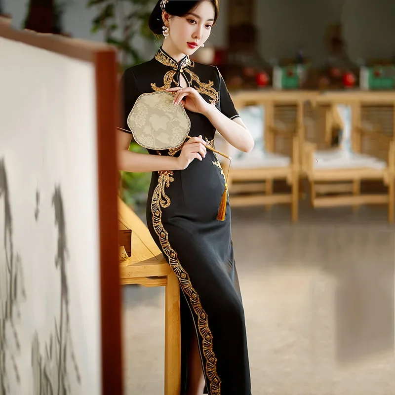 

Летнее женское черное атласное платье Cheongsam в китайском традиционном стиле с блестками, новое улучшенное женское длинное платье Ципао с воротником-стойкой