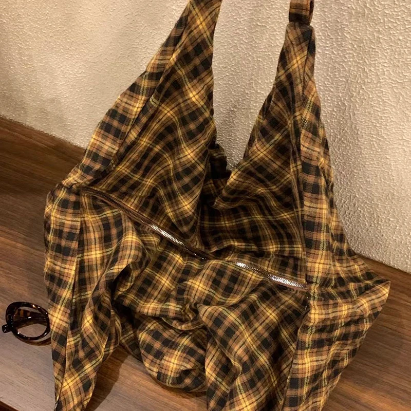 Koreanische karierte Canvas-Umhängetasche, Vintage-Mode-Rucksack, Damen-Tasche mit großem Fassungsvermögen, leichte, lässige Tragetasche für den Arbeitsweg – Detail 3