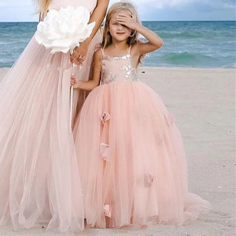 

Pink Beach Flower Girl Dresses for Weddings Ruffles Princess Kids Ball Gowns Evening Party Prom First Communion Pageant Birthday