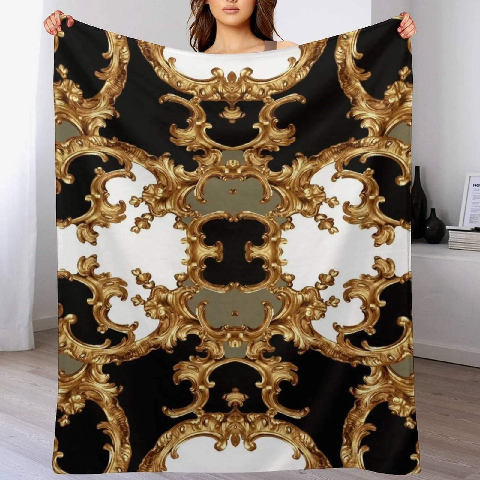 Golden ornamental baroque symmetrical Throw Blanket Thin bed plaid Blankets