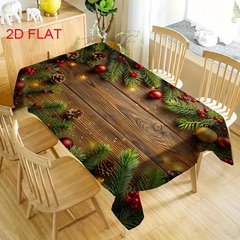 2D Flat 1Pc Christmas Tablecloth with Pine Cone & Berry Design Durable Polyester Rectangular Dining Decor for Holiday Gatherings