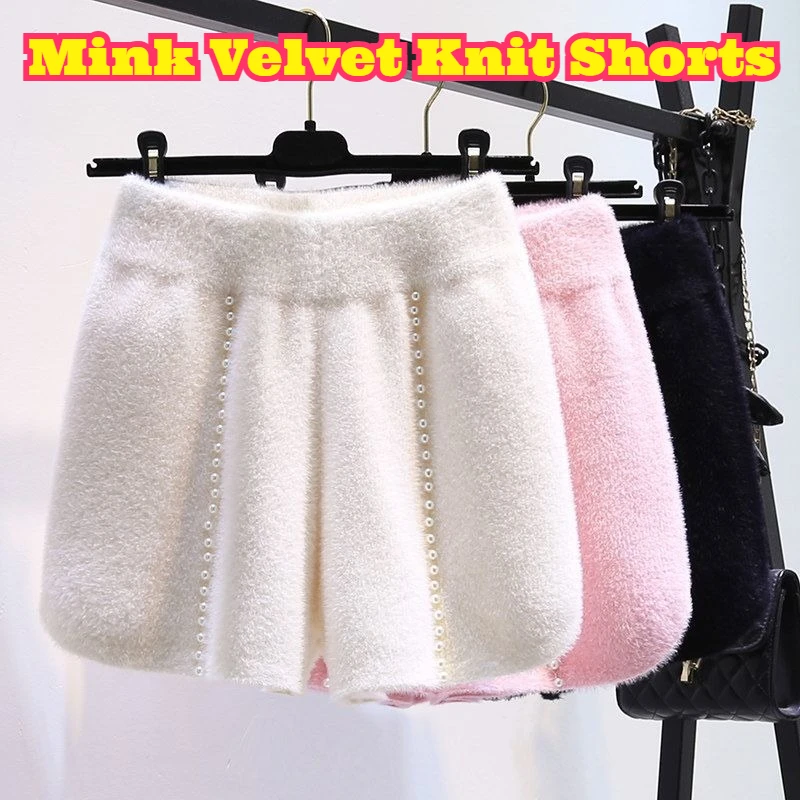 

Women Mink Velvet Knit Shorts Thickened Loose A Line Wide Leg Thermal Boot Pants Autumn Winter Casual High Texture Warm Layer