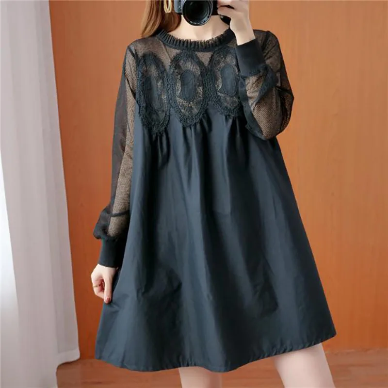 Elegant Solid Color Spliced Pockets Gauze Ruffles Lace Blouse Women\'s Clothing 2022 Autumn New Casual Pullovers Loose Chic Shirt