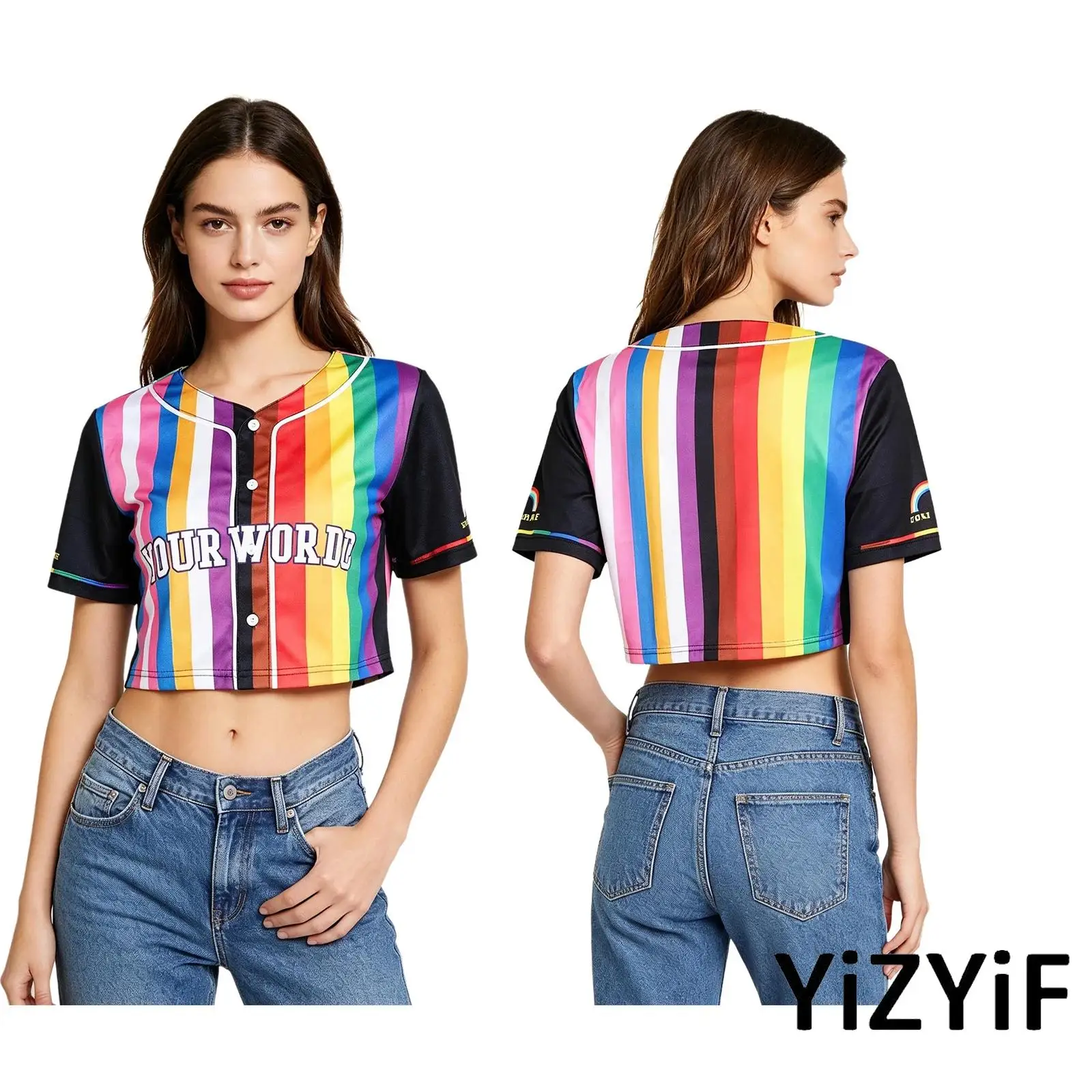 V Neck Cropped Cheerleading Dance Tee for Women Letters Print Short Sleeve Striped Button Front Top for Casual Ball Games