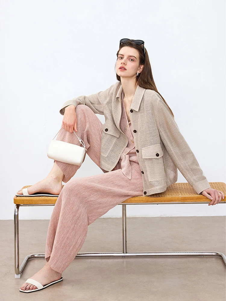 

Женский модный комплект Manyimanyi: льняной жилет свободного кроя с высокой талией и длинные брюки с эластичным поясом, цвет солено-перечный, весна-лето