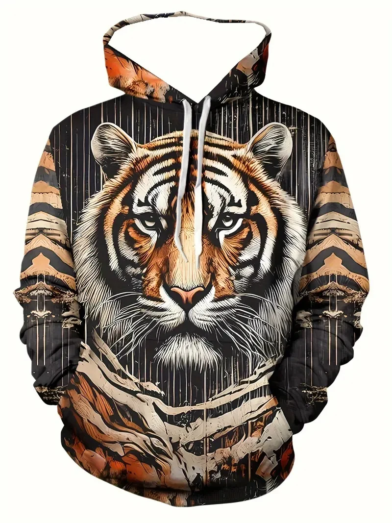 أزياء النمر الجرافيك الرجال الأزياء 3D طباعة هوديي الشارع الشهير هوديس طويلة الأكمام مقنعين الجيب الأمامي ربيع الخريف البلوز