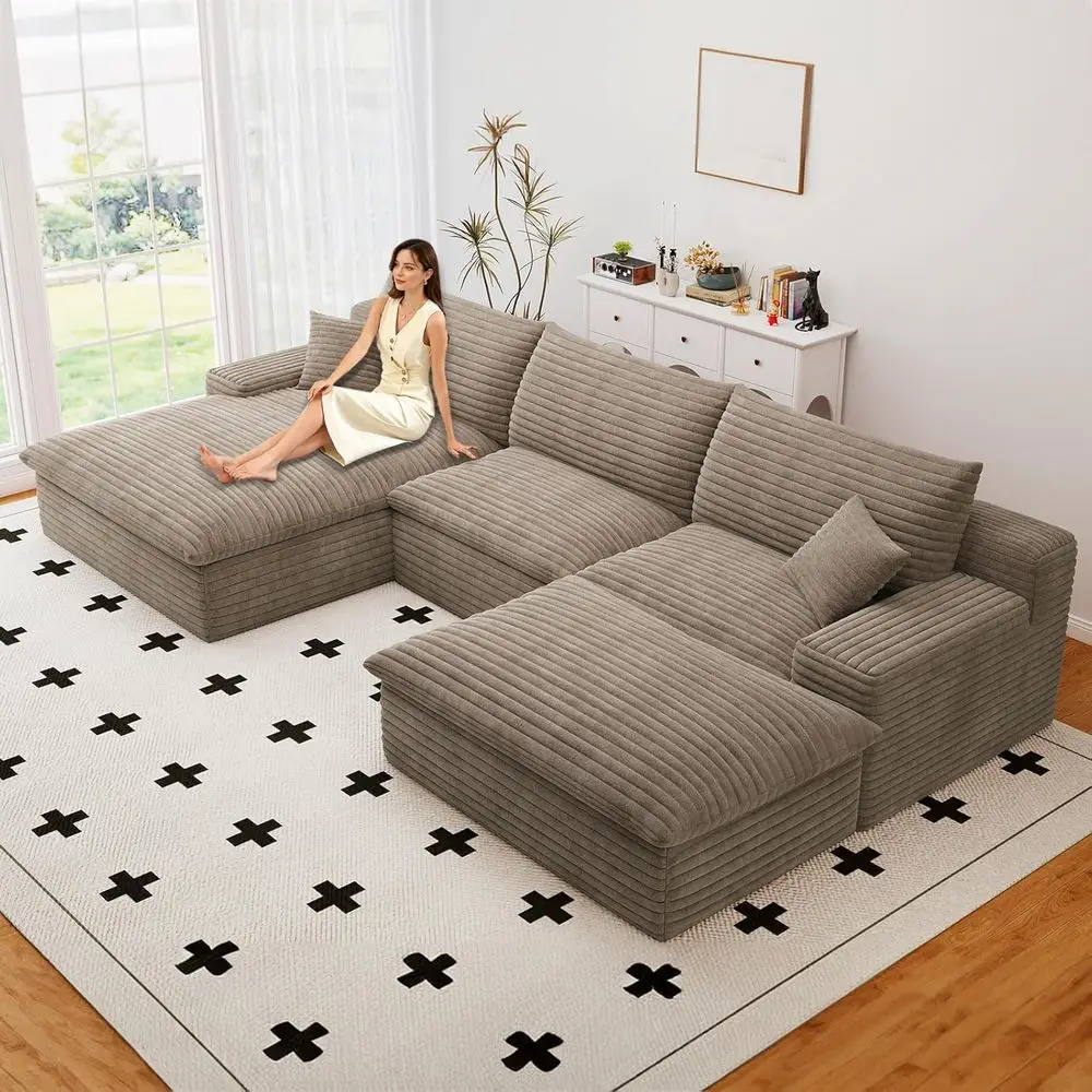 

U-Shape Sectional Sofa with Deep Seat, 3-Seater Plus Ottoman, Corduroy Fabric, Camel, No Assembly Needed