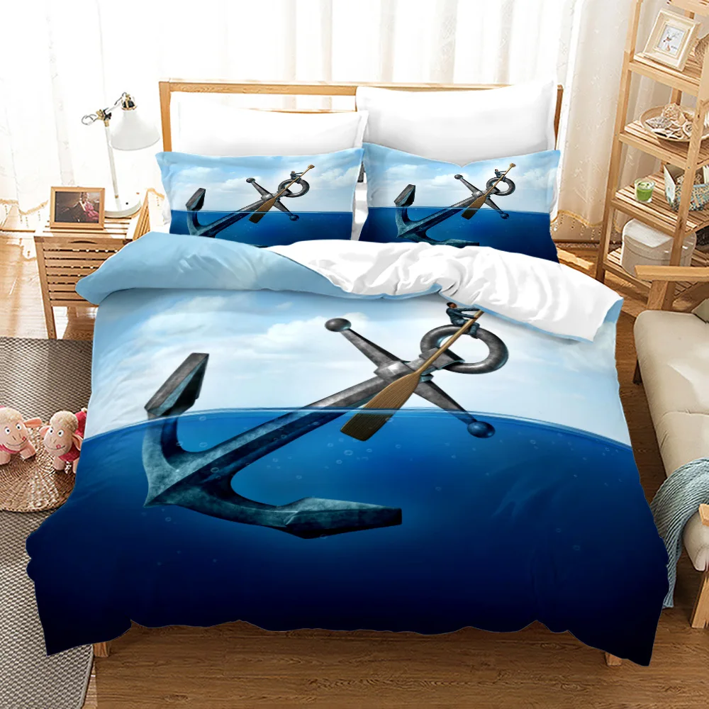 Blue Anchor Bedding Set Sailing Bed Linen Home Decor Single Double Twin Full Size For Boys Adults Compass Stripe Duvet Cover Set