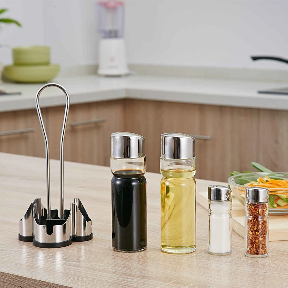 Seasoning Bottle Set Condiment Holder Seasoning Rack Four-in-One Shakers Glass Cruet Set with Caddy Stand Stainless Steel Tops