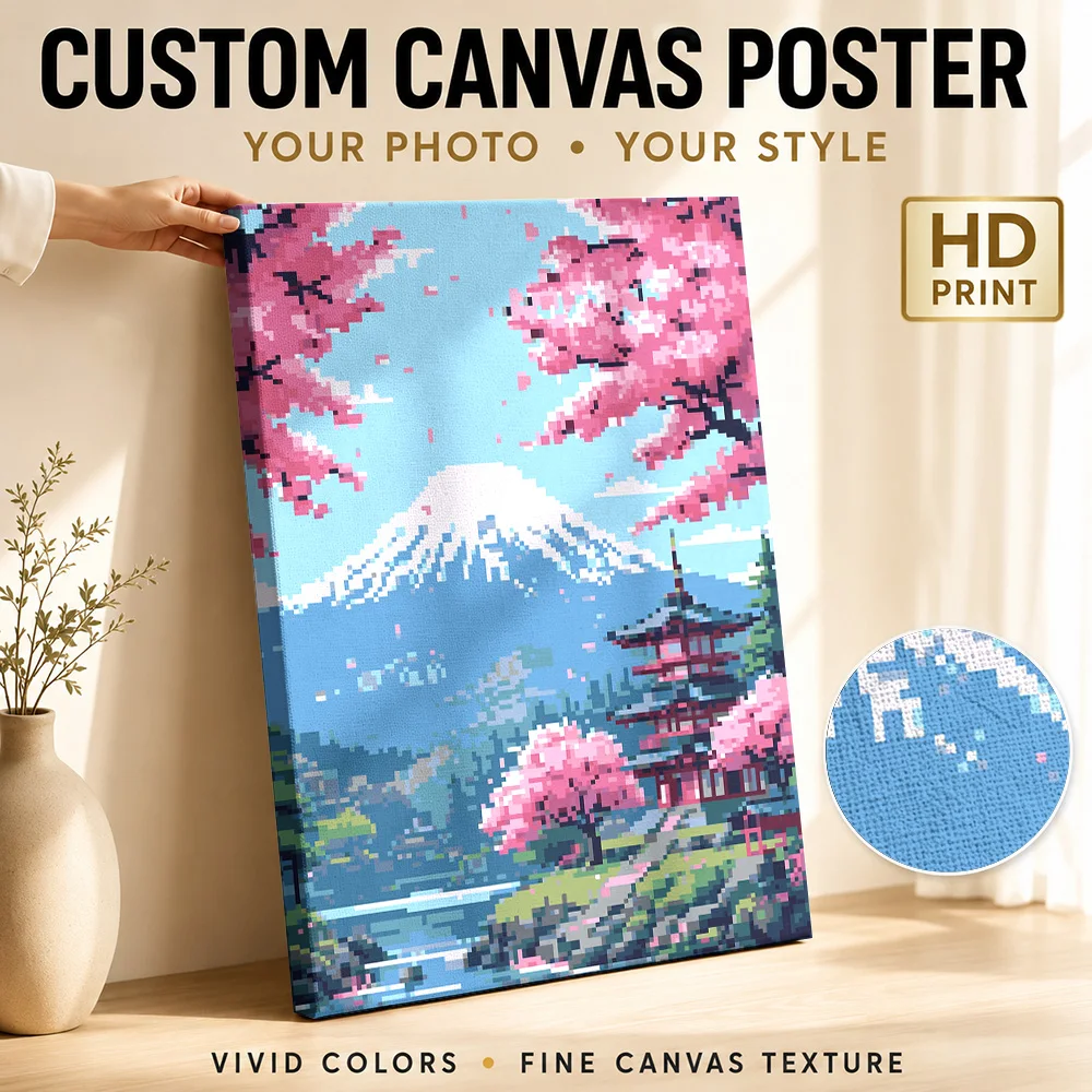 Japan mount fuji Pixel art Framed Canvas Poster Personalized Photo Japanese Inspired Wall Paintings Decoration for Living Room