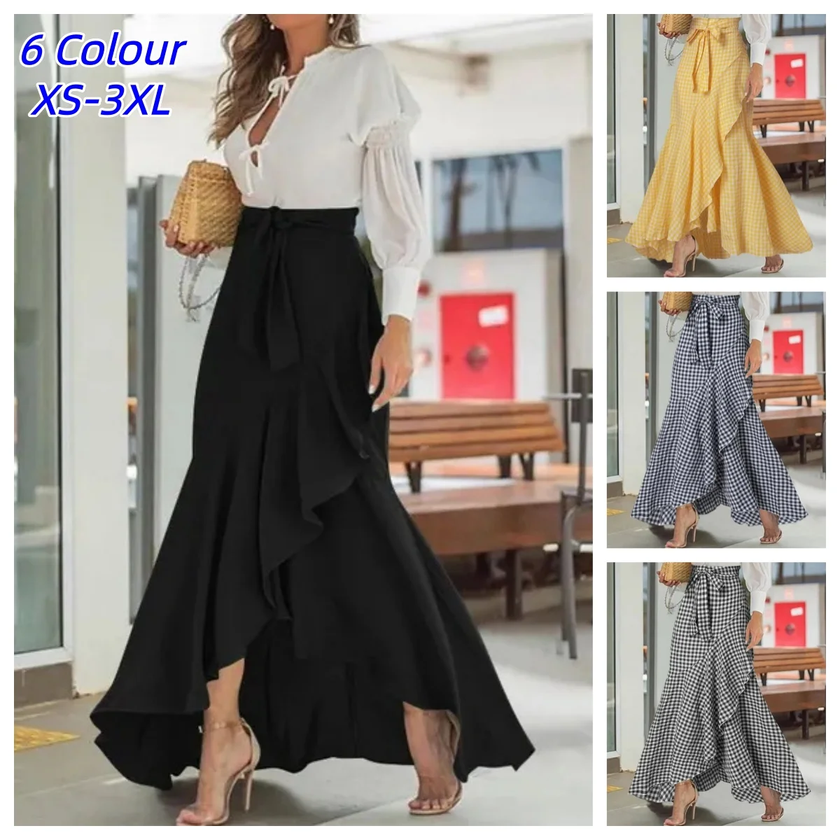 Loose Retro Women Long Skirt High Waist Lace-up Ruffle Trim Plaid Mermaid Print Bow Tie Irregular Hem Maxi Skirt Female