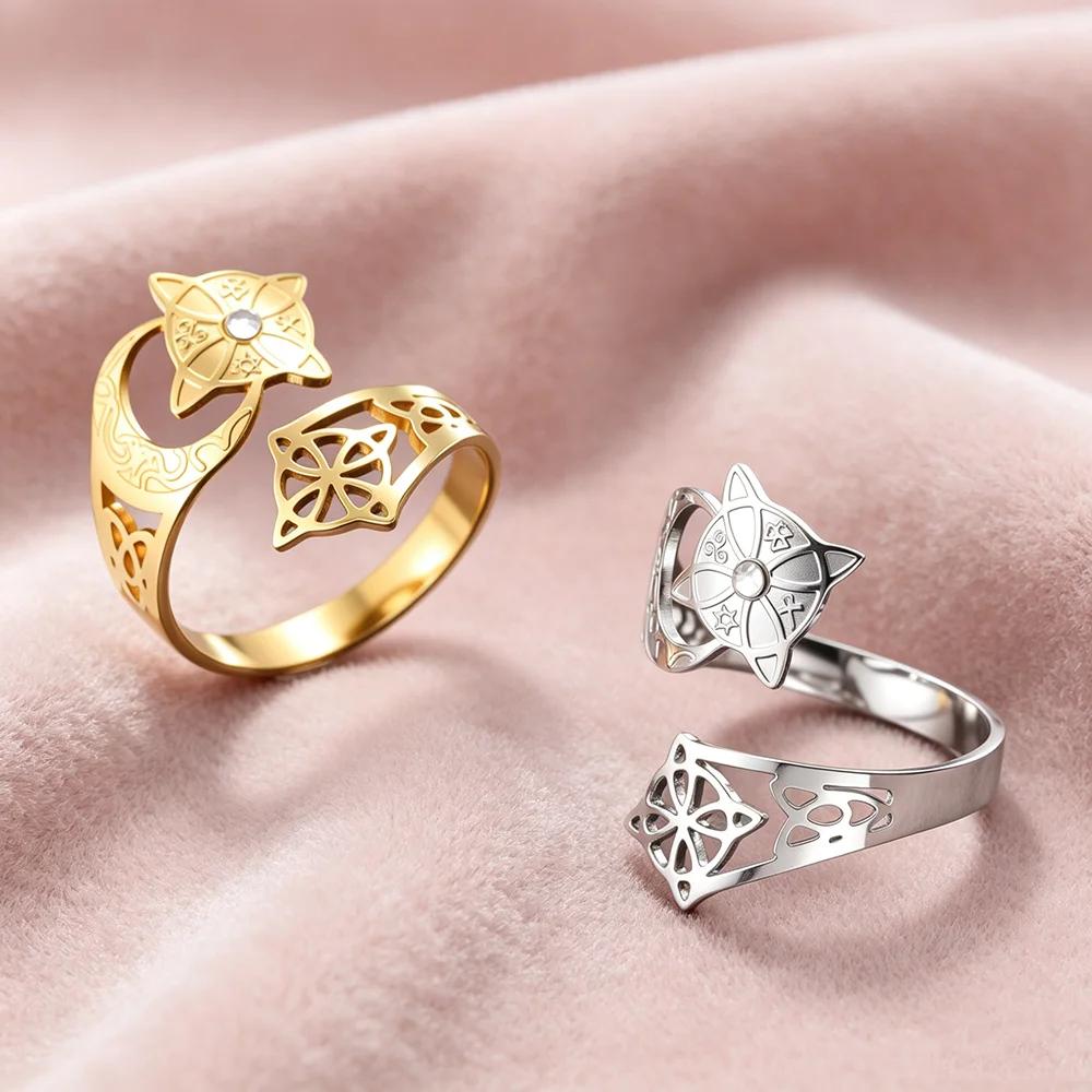 Gold Color Crescent Moon Wicca Ring For Women Celtic Knot Witch's Knot Stainless Steel Open Ring Goddess Pagan Talisman Jewelry
