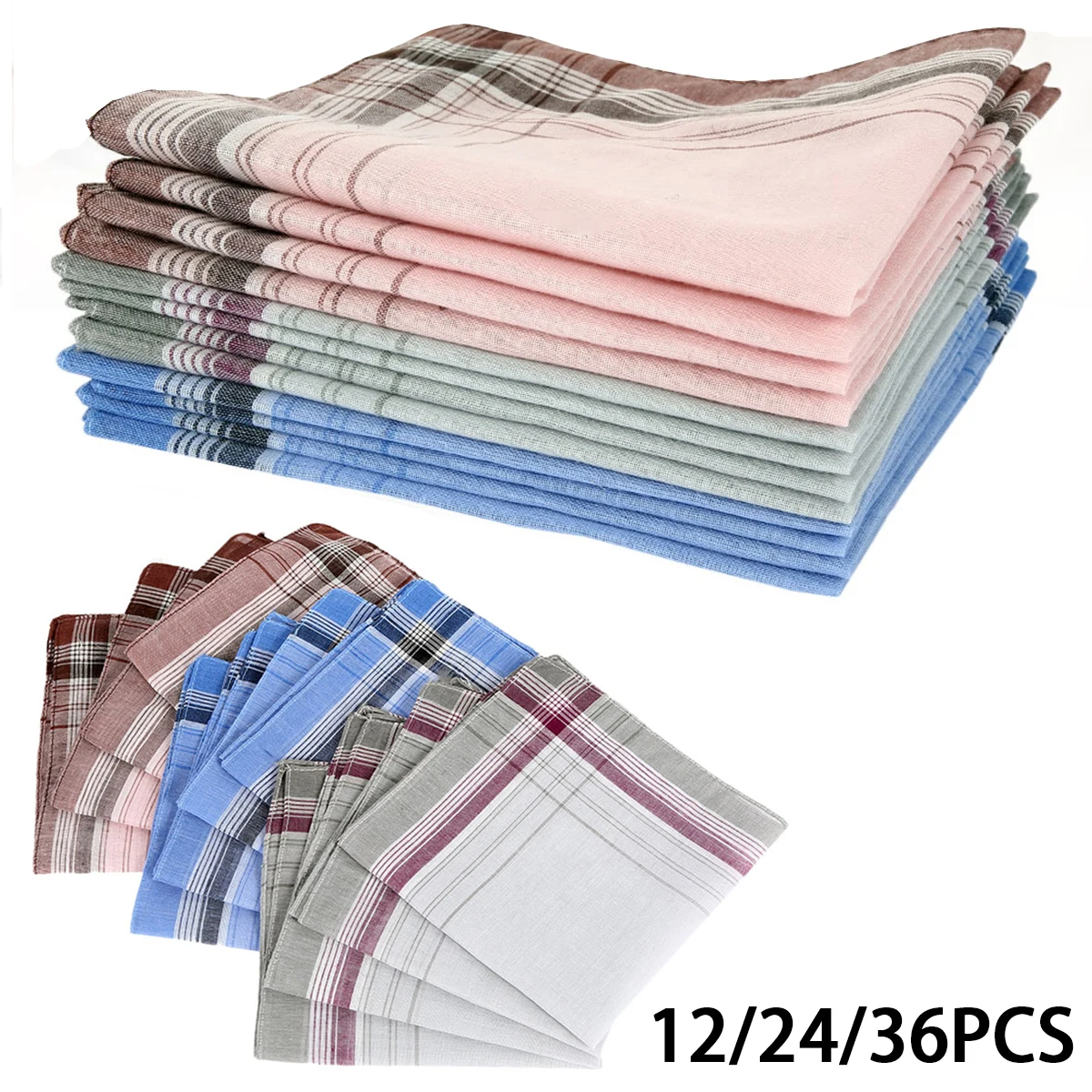 12/24/36Pcs Pure Cotton Handkerchief Classic Square Plaid Stripe Towels Pocket for Wedding Party Business Chest Scarves