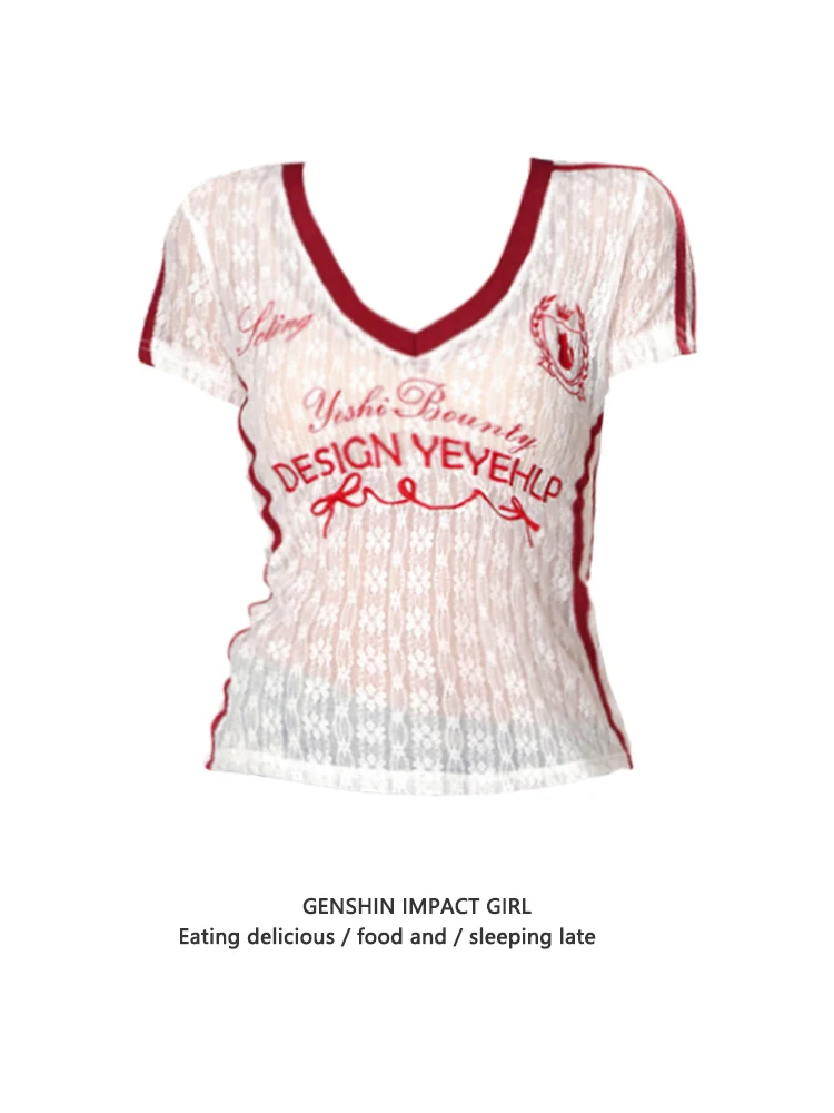 

Женская футболка American Sle ort Sve V-Ne с вышивкой и кружевом, дышащая, летняя, новая, Sle Pure Desire Cool...