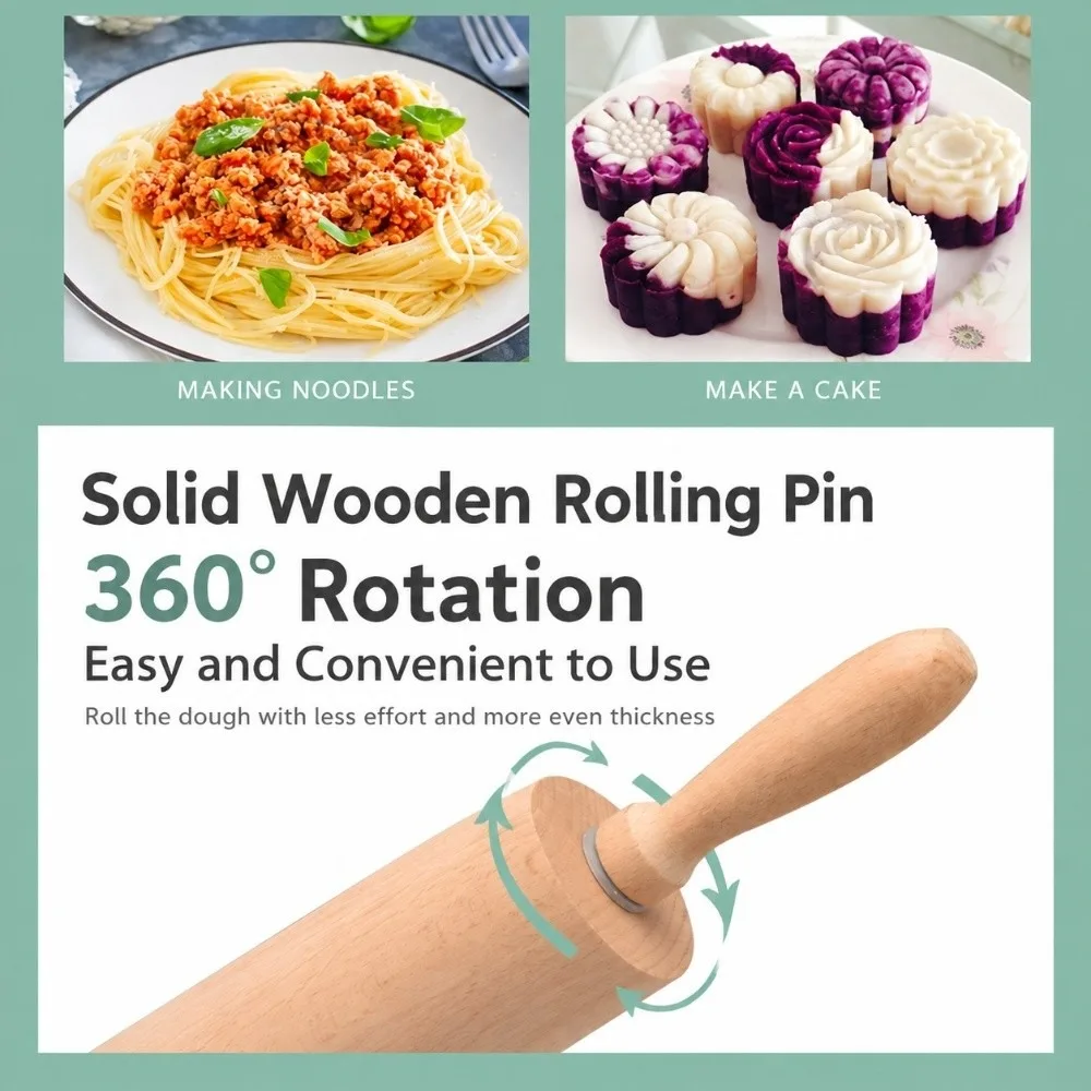 New Beech Wood Rolling Pin Unpainted Wax Free With Handles Dough Roller Freely Rotating Pastry Rolling Pin Kitchen Cooking