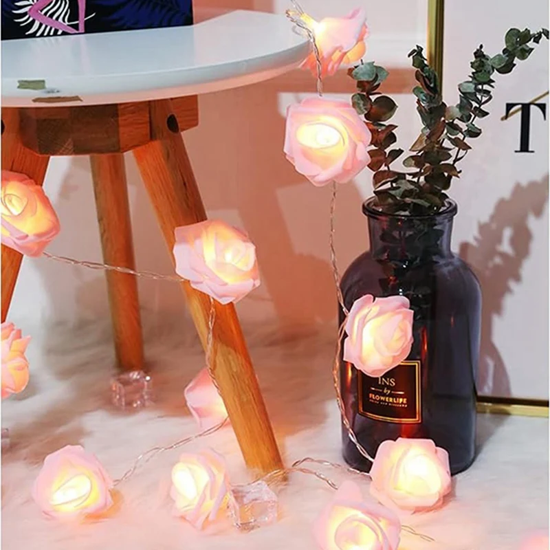 Pink Rose String Lights For Bedroom Battery Operated Flower LED Lights For Outside Romantic Home Dorm Room Festival Fairy Lights