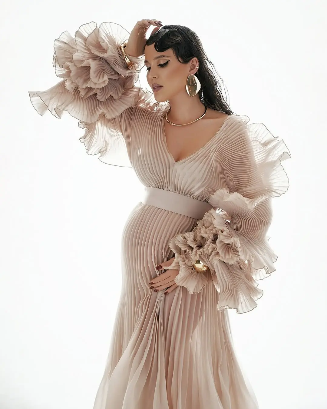 かわいいプリーツオーガンザマタニティドレス写真撮影 V ネックパフスリーブマタニティドレス платье для беременных Babyshower カスタム