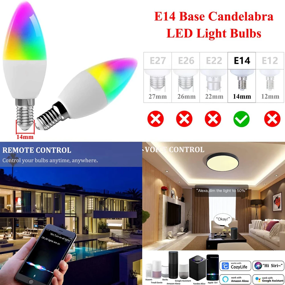 HomeKit Smart LED Lights Bulb E14 WiFi RGB+CW Candle Lamp Dimmable Colorful Cozylife APP Control Works with Alexa Google Siri