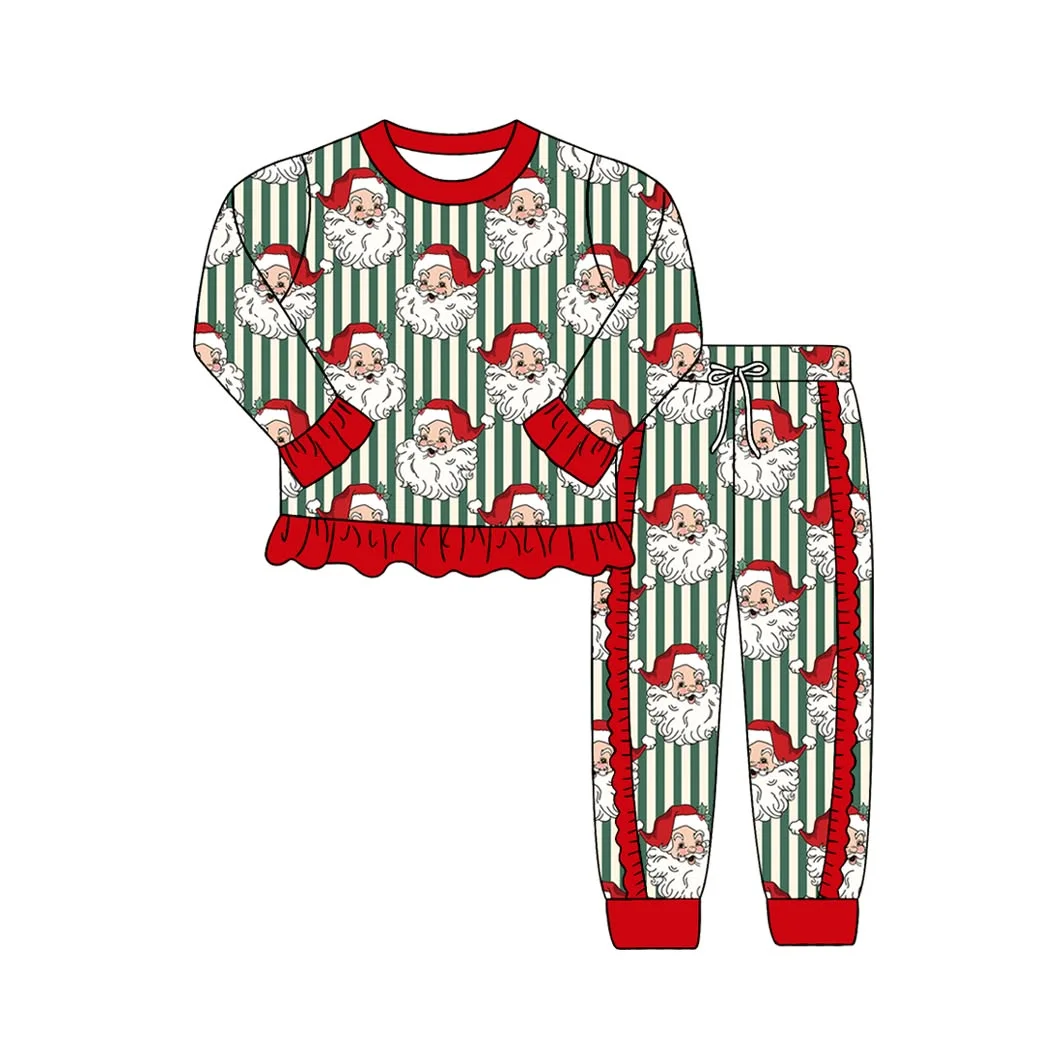 New Girls Santa Claus Pajamas Outifts Stripe Plaid Long Sleeve Ruffle Top Frill Jogger Pants Set Kids Christmas Clothing