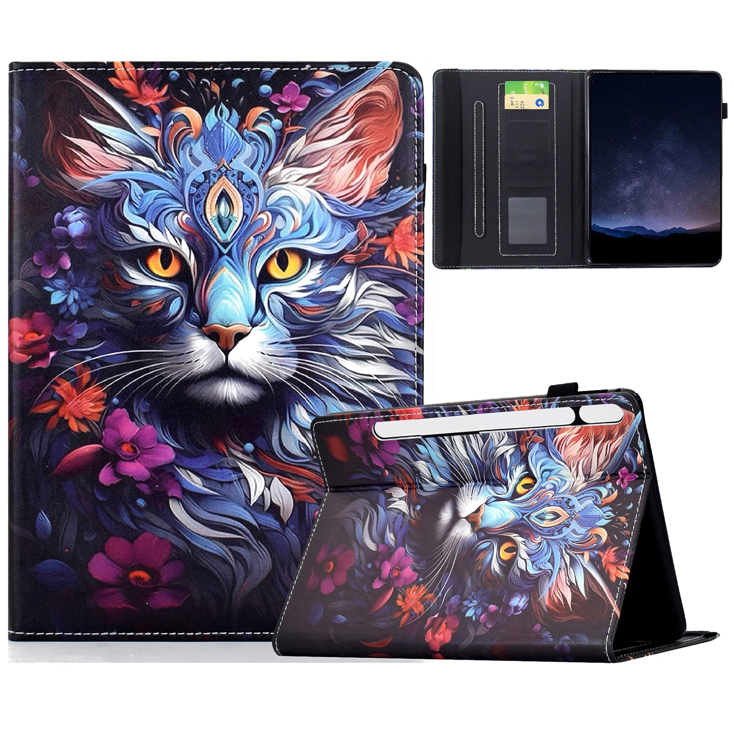 

For Samsung Galaxy Tab S11 Leather Case Pattern Print Card Slots Stand Auto Sleep Wake Tablet Cover - Colorful Cat