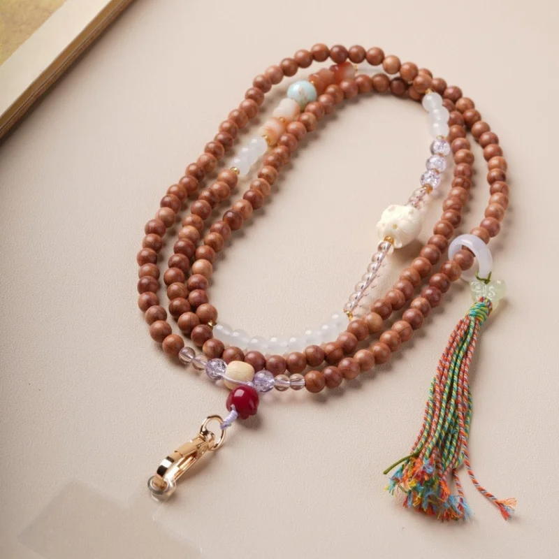 

Blood cypress wood multi- long sandalwood beaded necklace, - phone , Chinese-style cross-body chain, sweater