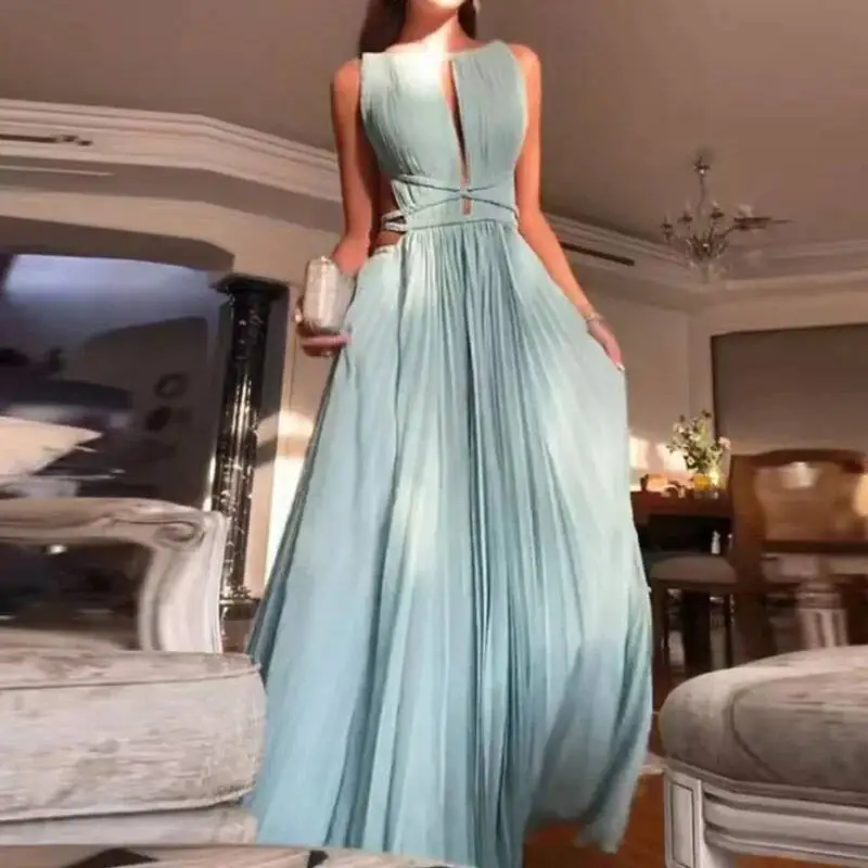 

Women O-neck High Waist Pleated Long Dress Sexy Hollow Out Backless Swing Beach Dress Spring Summer Sleeveless Solid Party Dress