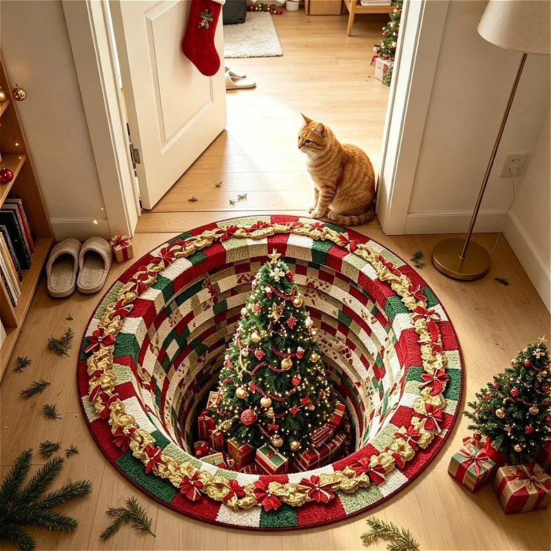 Christmas Round Rug Cute Christmas Tree Door Mat Dirt-resistant and Wear-resistant Large Area Living Room Carpet