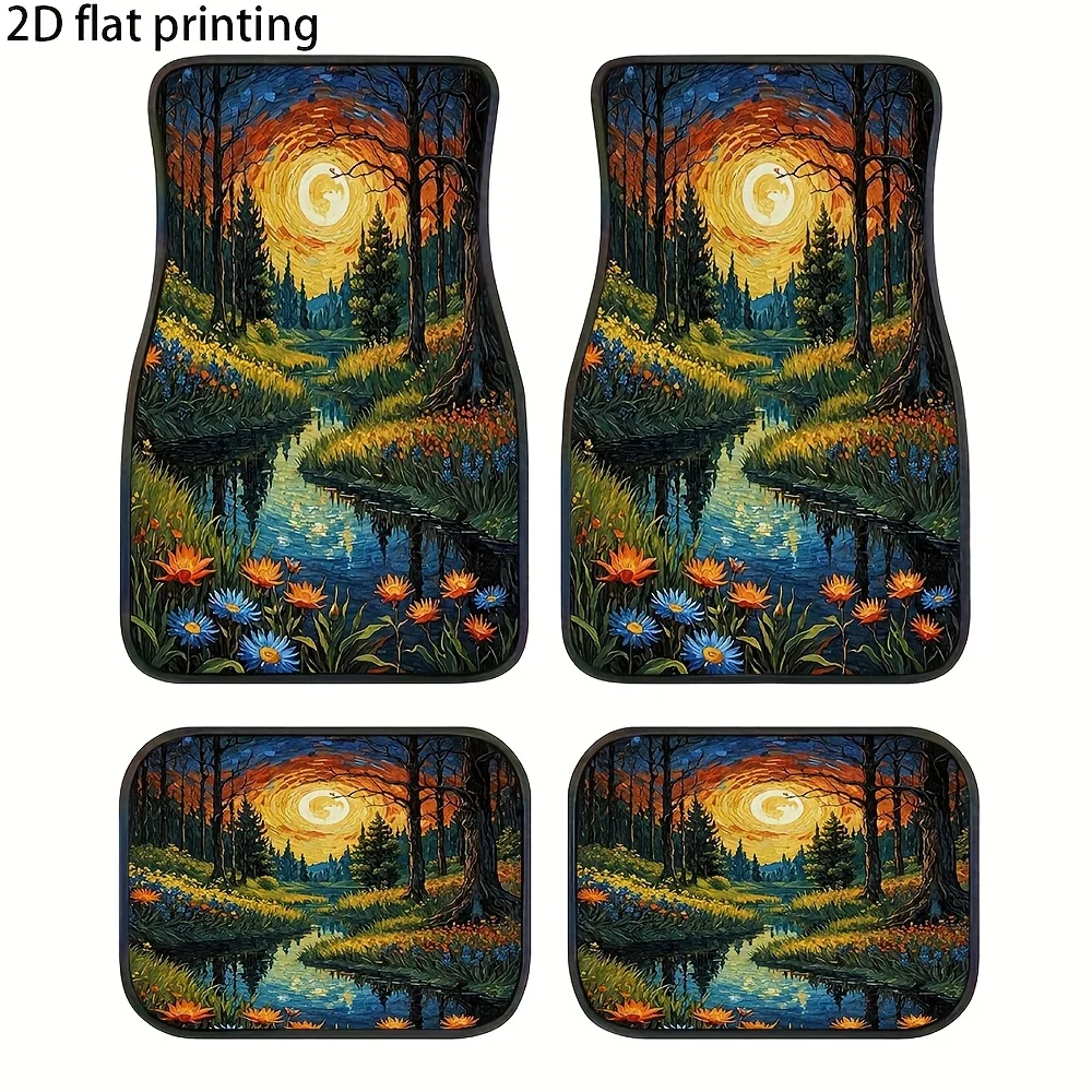 4pcs Car Floor Mats, Featuring A Forest Stream Floral Moonlight Pattern, Universal Car Mats, Made Of Polyester Fiber, Washable,