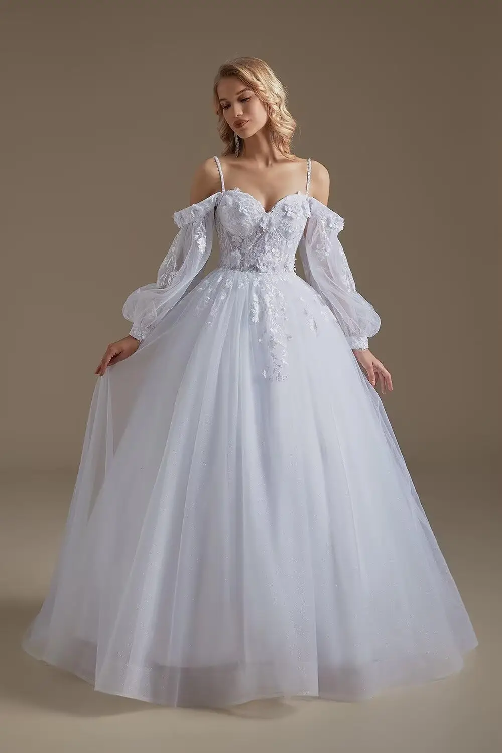 2025년 신부를 위한 웨딩드레스 레이스 아플리케 긴 소매 튤 여름 신부 드레스 여성용 A라인 오프숄더 웨딩드레스