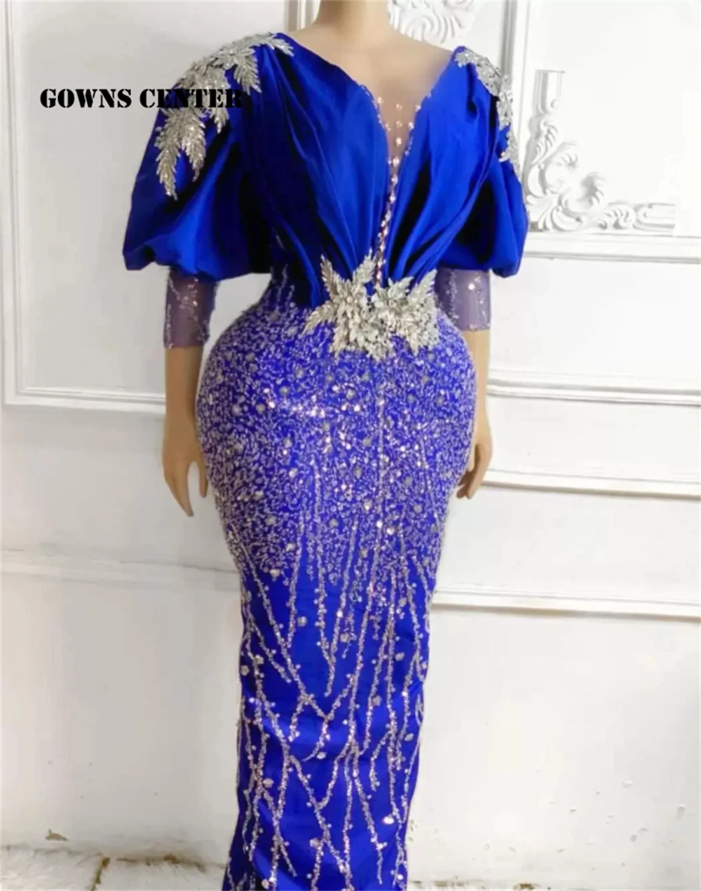 Màu Xanh Hoàng Gia Aso Ebi Dạ Hội Puff Ba Phần Tư Tay Sang Trọng Châu Phi Đính Hạt Appliques Váy Hoa Văn Vũ Hội Đồ Bầu Vestidos