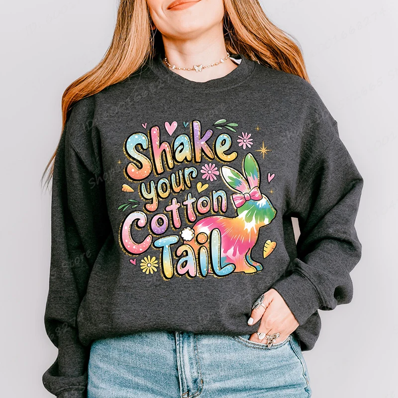 

Easter Bunny Shake Your Cotton Tail Print Sweatshirt Casual Round Neck Tops Women Sweatshirt Long-sleeved Graphic Pullovers