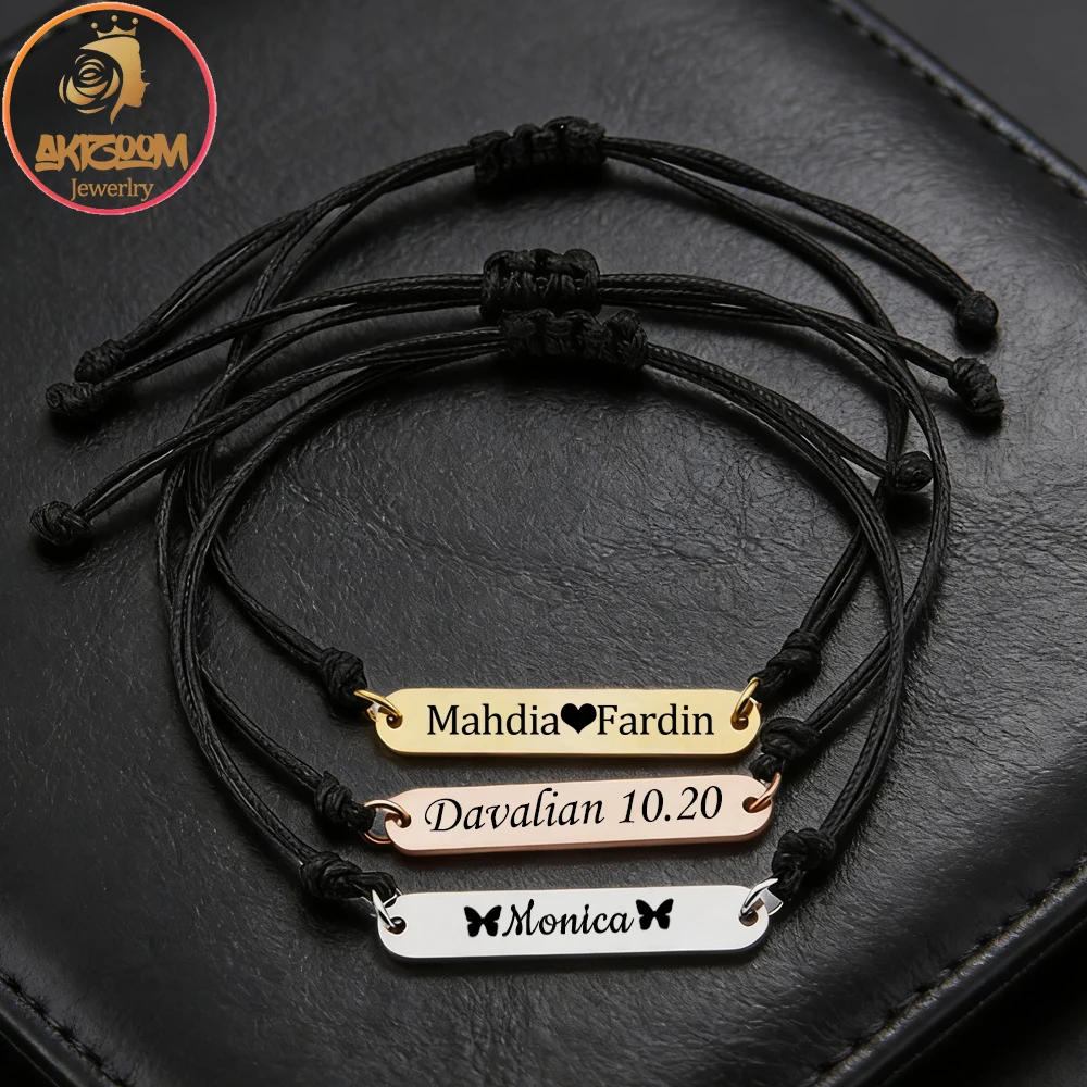 

Akizoom Engrave Name Bracelets Colorful Braided Rope Chain Stainless Steel Customized Name Bracelets Men Women Mom Jewelry Gift
