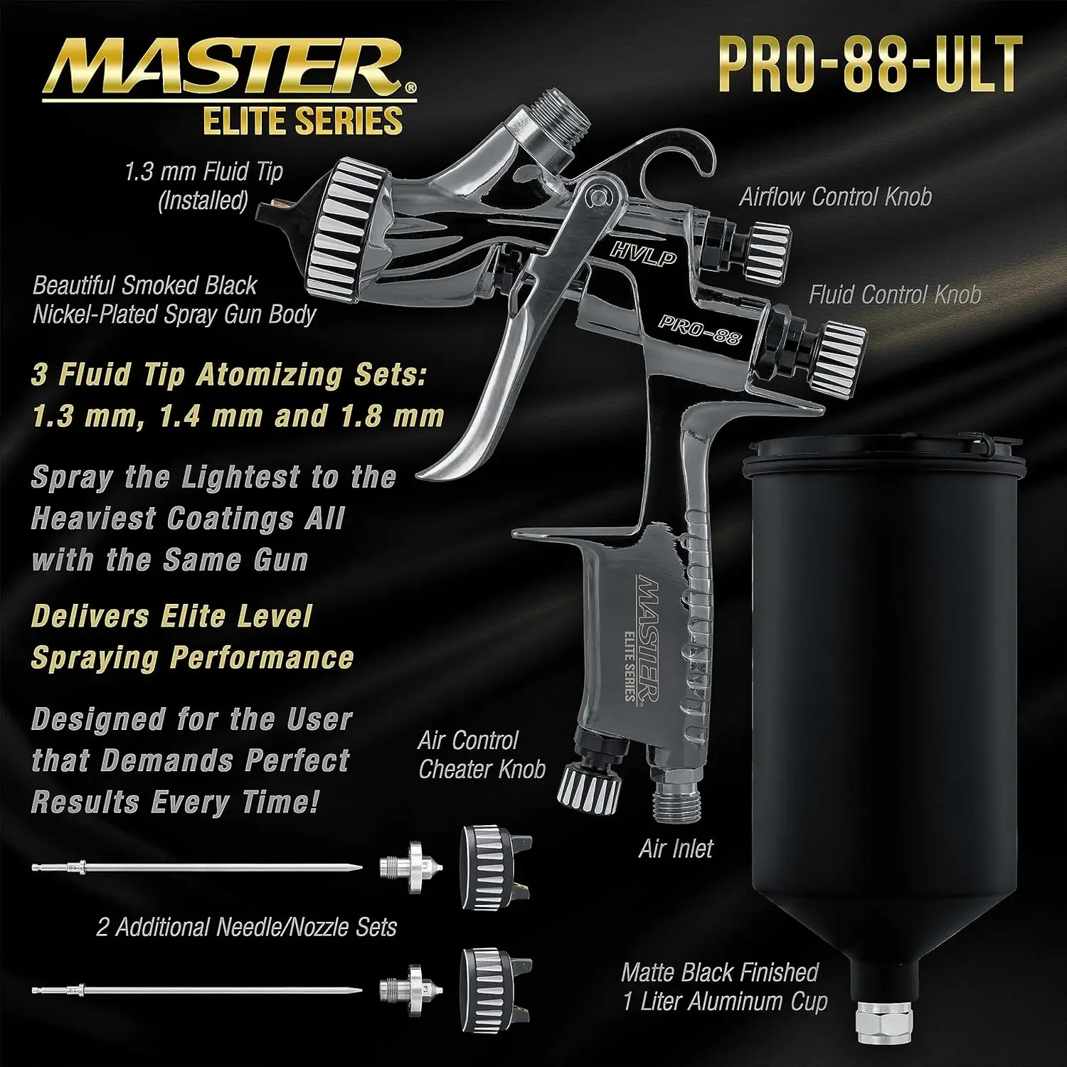 Elite Performance PRO-88 Series HVLP Spray Gun Ultimate Kit with 3 Fluid Tip Sets 1.3, 1.4 and 1.8mm and Air Pressure Regulator