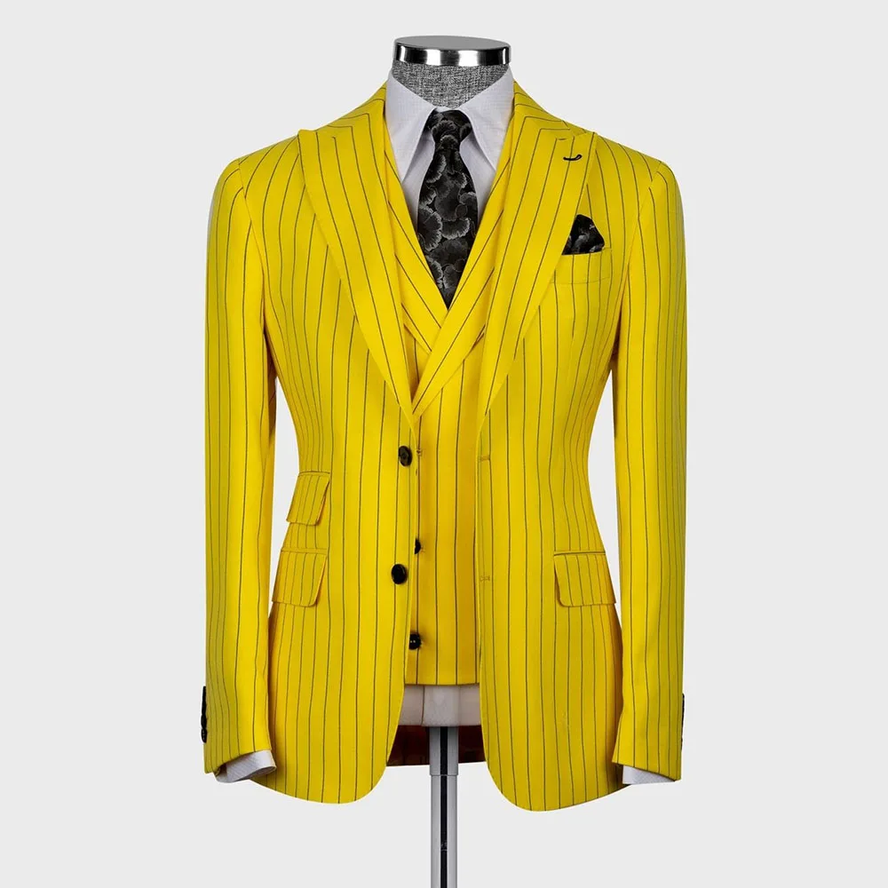 Chic Stripe Suits for Men Elegant 3 Piece Jacket Pants Vest Single Breasted Peak Lapel Slim Fit Male Clothing Blazer Outfits