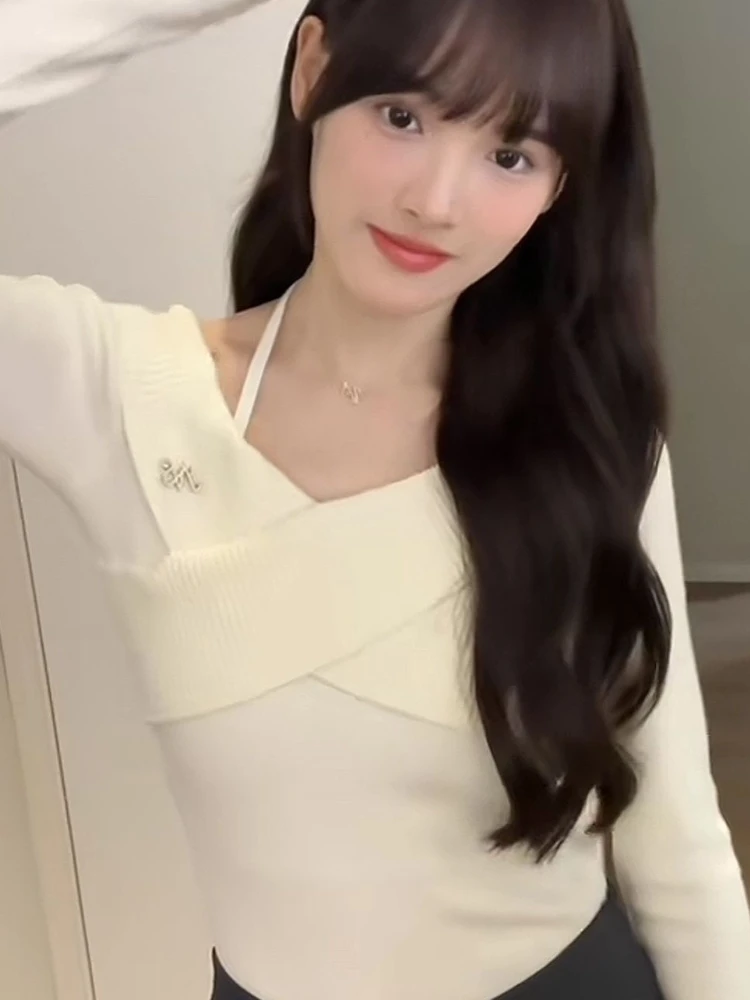 Japanische Elegante Sexy Off Schulter Neckholder Stricken Top Frauen Herbst Winter Neue Slim Fit Langarm Pullover Pullover Outfit