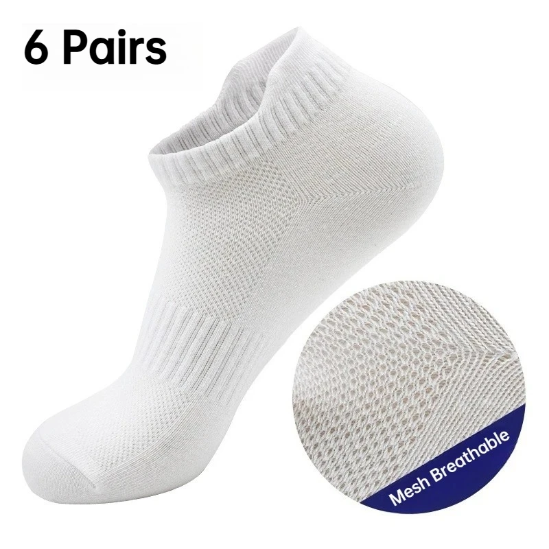 6 Pairs Set Unisex Cotton Short Socks Boat Breathable Mesh Summer Thin Casual Sports Ankle Socks Black White Gray Daily Wear